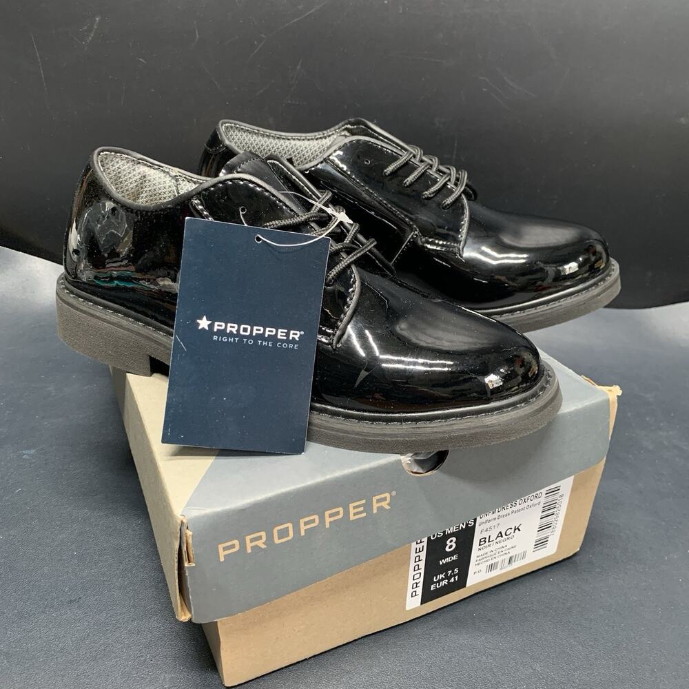 Propper Uniform Dress Patent Oxford Dress Shoes Mens Size 8 Wide F4517 NIB.